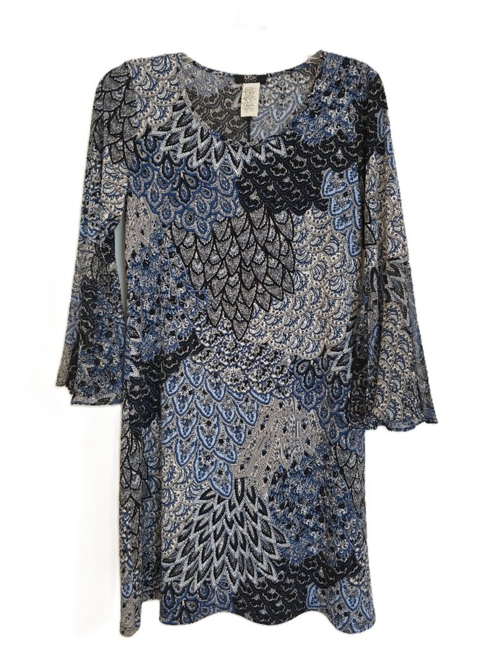MSK Petite Blue Paisley Bell Sleeve Shift Dress - Size PM